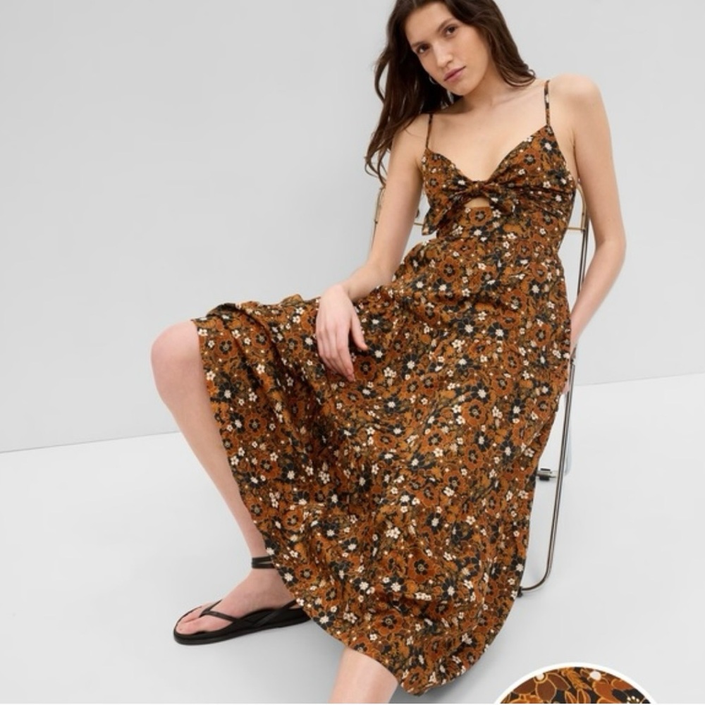 GAP Tie-Front Cutout Maxi Dress Brown Floral